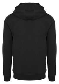 Schwarzer Kapuzenpullover mit langen Ärmeln, einer geräumigen Kapuze und gerippten Bündchen und Saum. Glatte Textur, minimalistisches Design, keine sichtbaren Logos.