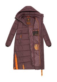 Long, dark purple puffer coat with a hood. Features orange accents, zippers, and a quilted pattern. Interior tags visible. Waterproof material.