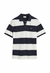Marineblå och vit randig polo skjorta, kortärmad, med krage och en liten logotyp på bröstet. Tillverkad i bomull, slät textur.
