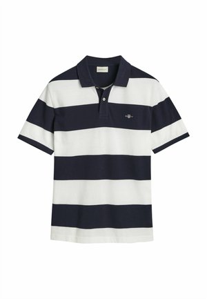 Navy and white striped polo shirt, short sleeves, with a collar and a small logo on the chest. Made from cotton, smooth texture.