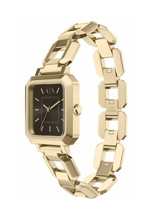 Rektangulært armbåndsur i guldton med sort urskive, gyldne timemarkører og visere, ledet metallænke og sidekrone.