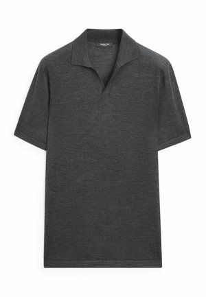 Dark gray short-sleeve polo shirt with a knit texture and a small V-neck collar.