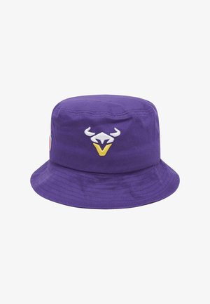 Lilla bomulds-bucket hat med et broderet hvidt tyrekode og et gult accent. Skyggen er bred, og stoffet har en glat tekstur.