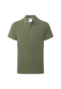 Olive green polo shirt made of textured cotton, featuring a classic collar, two buttons, and a small logo on the left chest.