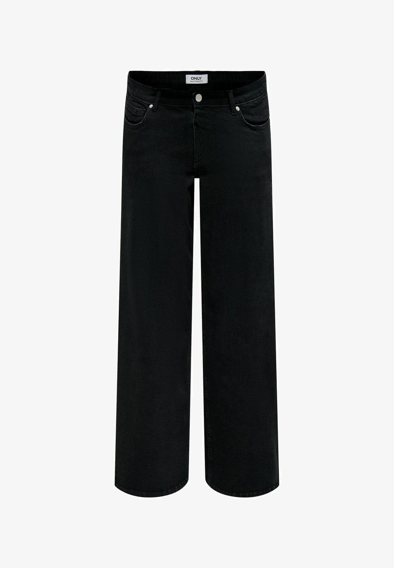 Jeans de maternité noirs à jambes larges avec bouton à l'avant, poches et étiquette sur la ceinture indiquant ONLY Maternity.