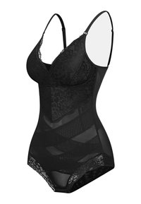 Body de encaje negro con paneles transparentes, tirantes ajustables y un borde de encaje floral. El diseño ofrece una silueta ceñida con detalles intrincados.