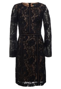 Svart knälång klänning med långa ärmar, överdrag av blommig spets och nakenfärgad underklädsel, rund halsringning och figursydd midja.
