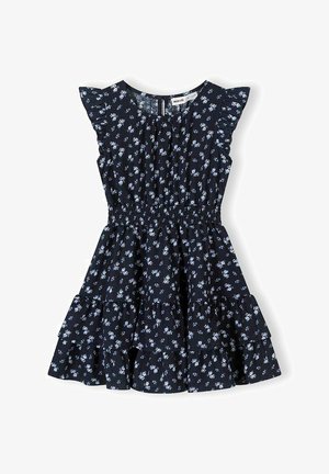 Marineblaues ärmelloses Kleid mit kleinem hellblauem Blumenmuster, gerafften Schultern, elastischer Taille und gestuftem Rock.