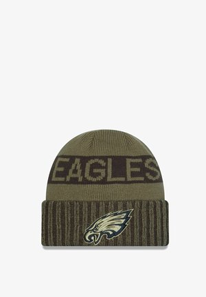 Grüne und braune gestrickte Mütze mit "EAGLES" in fetten Buchstaben und einem aufgestickten Adler-Logo auf dem vorderen Rippenbund.
