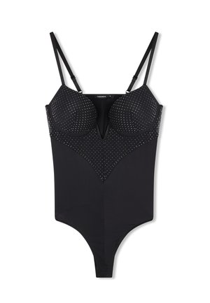 Body nero aderente con spalline sottili e regolabili, coppe imbottite e piccoli strass luccicanti sulla parte superiore e sulle coppe.