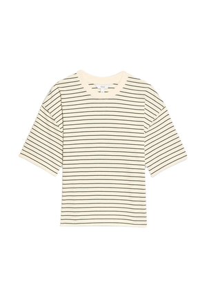 Striped t-shirt with a cream base and thin black horizontal stripes. Features short sleeves and a round neckline. Made of soft cotton material.