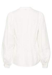 Weißes Blusenshirt mit langen Puffärmeln, gerafften Bündchen und strukturierten Details entlang der Schulternähte. Leichter Baumwollstoff.