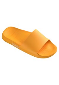 Infradito in gomma gialla con una fascia larga e piatta, suola testurizzata e logo del marchio di lato. Finitura liscia e design della punta arrotondato.