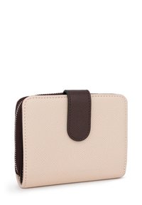 Beige textured wallet with dark brown accents, zip closure, and a snap button flap. Rectangular shape, smooth finish, and minimal design.