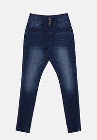 Mørkeblå denimjeans med slim fit, som har fem lommer, knappestang med tre knapper, og lett falming langs lårene.