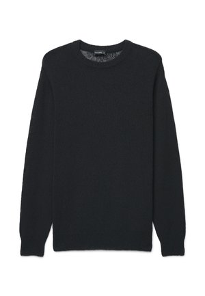 Schwarzer Langarm-Pullover mit Rundhalsausschnitt, gerippten Bündchen, Saum und Kragen, flach auf einem weißen Hintergrund liegend dargestellt.