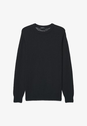 Schwarzer Langarm-Pullover mit Rundhalsausschnitt, gerippten Bündchen, Saum und Kragen, flach auf einem weißen Hintergrund liegend dargestellt.