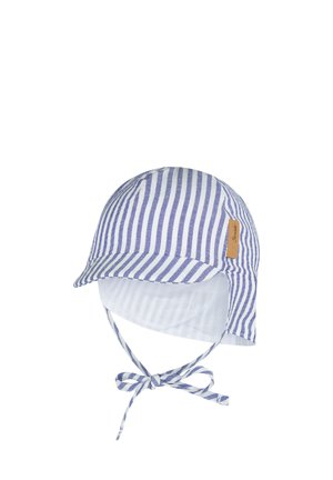 Blue and white striped baby sun hat with a small brim and adjustable chin ties, featuring a tan label on the side.