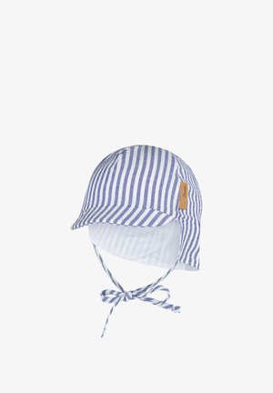Blue and white striped baby sun hat with a small brim and adjustable chin ties, featuring a tan label on the side.