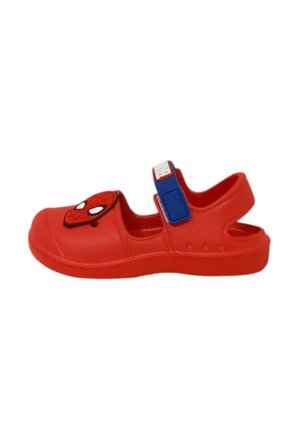 Sandaletti di plastica rossa con design di Spider-Man, cinturino regolabile blu, apertura sul retro e fori di ventilazione sui lati.