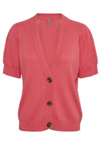 Korálový žebrovaný pletený cardigan s hlubokým V-výstřihem, krátkými nabranými rukávy a čtyřmi hnědými knoflíky vpředu. Měkká textura a přiléhavý střih.