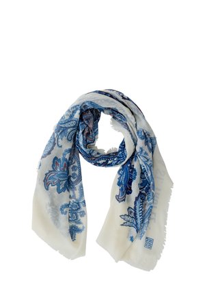 Weißer Schal mit aufwendigen blauen und grauen Paisley-Blumenmustern, locker gefaltet mit Fransen an den Rändern.