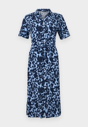 Rochie midi cu nasturi, mâneci scurte, guler, cordon în talie și imprimeu floral albastru și bleumarin închis.