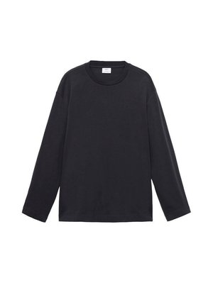 Black long-sleeve t-shirt made of soft cotton; features a round neckline and relaxed fit with drop shoulder seams, no patterns or accents.