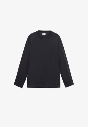 Black long-sleeve t-shirt made of soft cotton; features a round neckline and relaxed fit with drop shoulder seams, no patterns or accents.