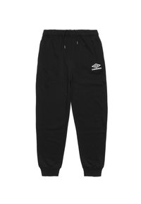Pantaloni neri della tuta con vita elasticizzata e cordino. Presentano un logo "Umbro" bianco sul lato. Tessuto morbido con polsini a costine.