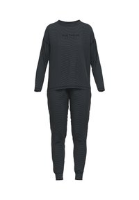 Top negro de manga larga con rayas horizontales y corte holgado, combinado con pantalones tapered a juego. La tela parece suave y ligera.