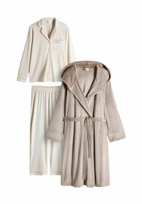 Beige cotton pajama set with long-sleeve button-up top, matching elastic waistband pants, and a soft, hooded robe in a darker beige.