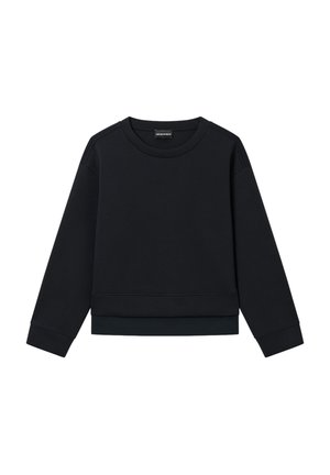 Felpa nera a maniche lunghe con scollo rotondo, polsini e orlo a costine, mostrata distesa su uno sfondo bianco.