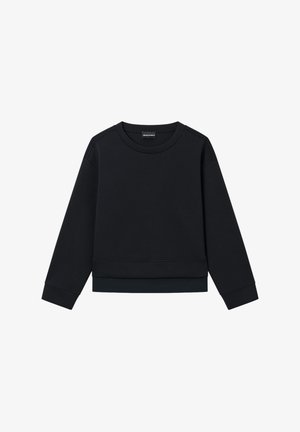 Felpa nera a maniche lunghe con scollo rotondo, polsini e orlo a costine, mostrata distesa su uno sfondo bianco.