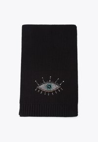 Sciarpa nera lavorata a maglia con un design a occhio impreziosito da strass brillanti e un centro turchese, bordi a coste strutturati.