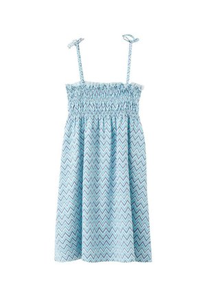 Robe d'été bleu et blanche à motif chevron avec corsage froncé élastique et fines bretelles nouées en nœuds.