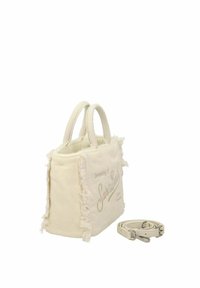 Roomkleurige draagtas met rafelige randen, voorzien van een bedrukte tekst "Dromen van Santa Barbara." Inclusief een afneembare schouderriem.