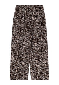 Leopard print pants featuring an elastic waistband, made of soft fabric, with a wide-leg design and a light, textured appearance.