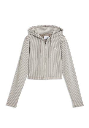 Sweat à capuche court beige et blanc à rayures verticales, manches longues, fermeture éclair à l’avant, cordons et petit logo Puma sur la poitrine.