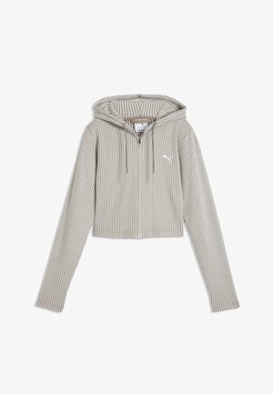 Beige og hvide lodrette stribede cropped hættetrøje med lange ærmer, lynlås foran, snore og lille Puma-logo på brystet.