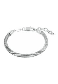 Pulsera de metal plateado con un diseño flexible, que presenta una extensión de cadena y un cierre de gancho. Superficie lisa y brillante sin patrones.