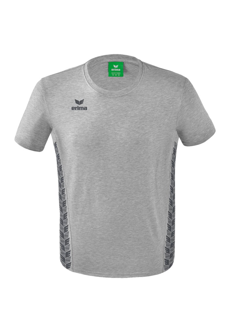 Graues kurzärmliges T-Shirt aus Baumwolle. Verfügt über einen runden Ausschnitt und dunkelgraue Akzente an den Seiten mit einem Logo auf der Brust.