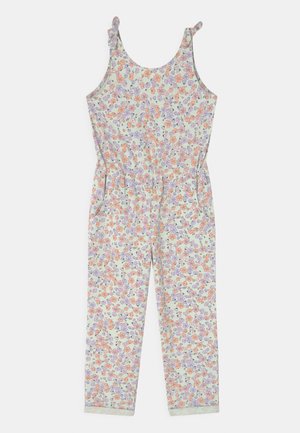 Salopette florale dans des couleurs pastel avec des fleurs orange, violettes et vertes. Elle possède des bretelles réglables et deux poches latérales. Tissu léger.