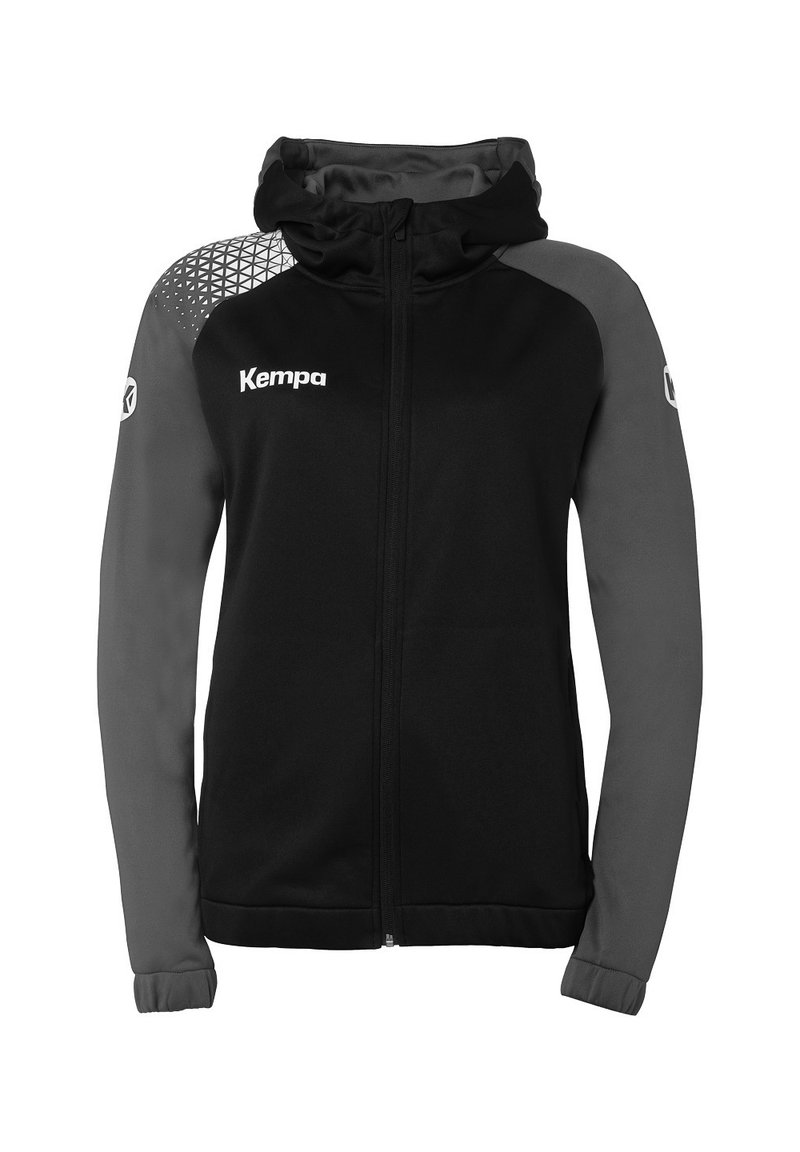Zwarte en grijze hoodie met rits en capuchon. Heeft een geometrisch patroon op de linkerschouder en het Kempa-logo op de borst. Zachte stof.