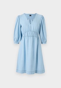 Rochie din denim bleu deschis cu decolteu în V, mâneci bufante și talie elastică. Prezintă o margine evazată cu detalii de cusătură.