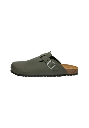 Green clogs with a smooth, matte finish. Features a side buckle, open back, cork footbed, and durable rubber sole.