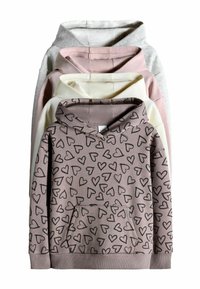 Cuatro sudaderas apiladas. Colores: gris, rosa, crema y rosa claro. La sudadera de enfrente presenta un patrón de corazones y está hecha de una mezcla de algodón.
