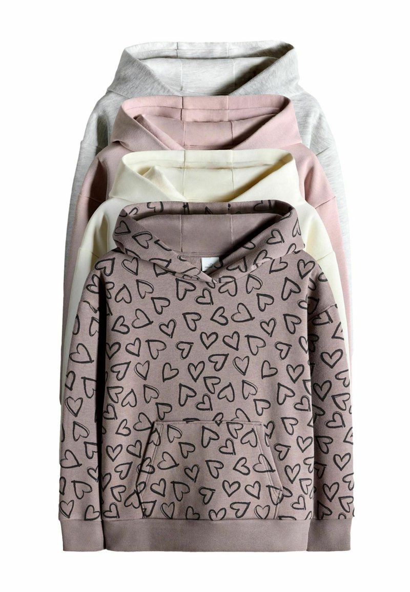 Cuatro sudaderas apiladas. Colores: gris, rosa, crema y rosa claro. La sudadera de enfrente presenta un patrón de corazones y está hecha de una mezcla de algodón.