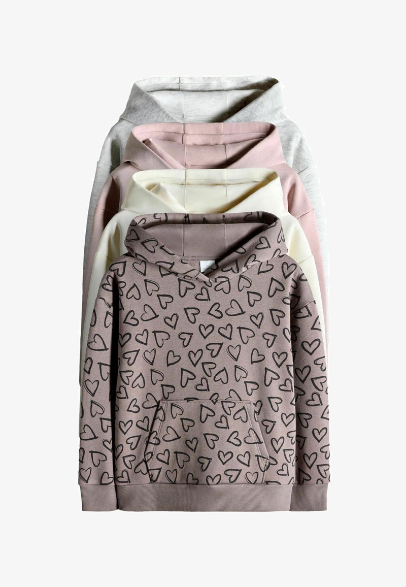 Cuatro sudaderas apiladas. Colores: gris, rosa, crema y rosa claro. La sudadera de enfrente presenta un patrón de corazones y está hecha de una mezcla de algodón.