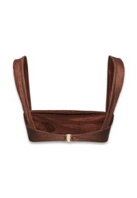 Brązowy metaliczny biustonosz typu bralette z szerokimi ramiączkami i zapięciem na plecach. Gładka faktura, usztywniony kształt, idealny do noszenia w warstwach.